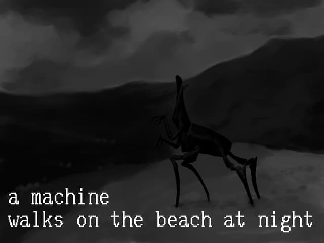 a machine walks on the beach at night cover